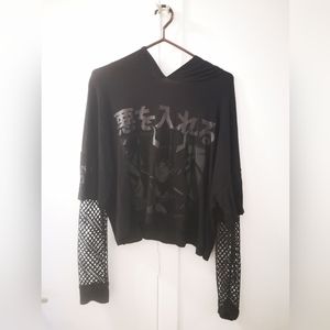 Killstar crop top hoodie with fishnet sleeves